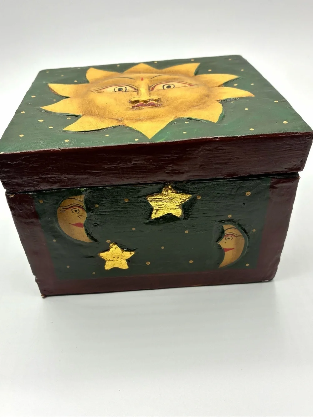 Vintage Folk Art Celestial Sun Moon Yin Yang Wooden Trinket Box